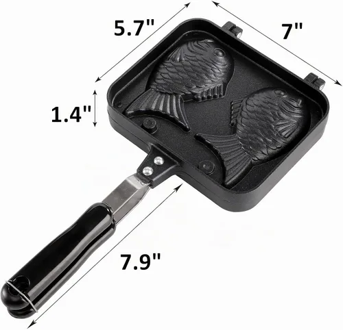 Vista 3 de ZOOFOX Molde para pastel Taiyaki en forma de pez, sartén para freír con revestimiento antiadherente con mango largo, molde para hornear panqueques