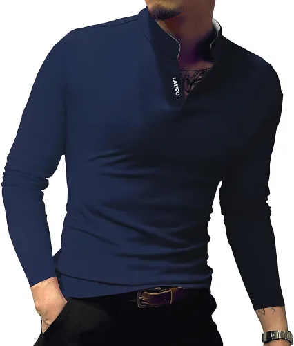 Vista 2 de LOGEEYAR Camisa polo de moda para hombre, de manga larga, ajustada, Henley, ropa de algodón piqué