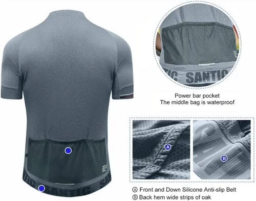 Vista 4 de Santic Camiseta de ciclismo para hombre, manga corta, camiseta de ciclismo de carretera, cremallera completa, UPF 50+, MTB con bolsillos Gris