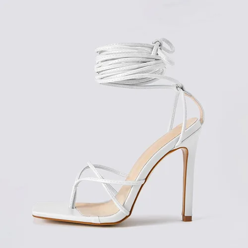 Vista 2 de PiePieBuy Sandalias de tacón con cordones para mujer, sandalias cuadradas de tacón alto, zapatos de fiesta con tiras