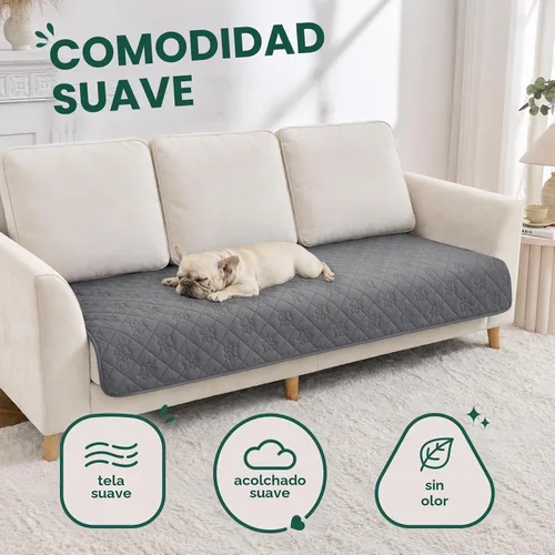 Vista 4 de Funda impermeable de 4 plazas para perros, manta acolchada con estampado de patas para sofá y cama de 4 cojines, resistente al pelo de mascotas Gris