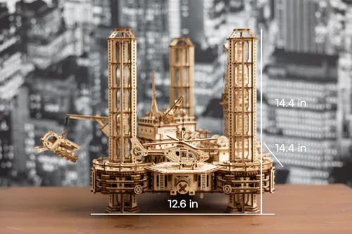 Vista 2 de Wood Trick Offshore Rig Platform Rompecabezas 3D de madera para adultos para construir, plataforma móvil interactiva, modelos de madera, proyectos