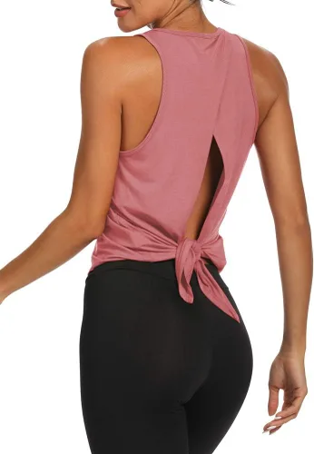 Vista 4 de Bestisun Camisetas de yoga con espalda abierta para mujer, con lazo en la espalda