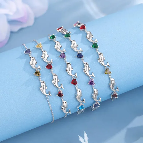 Vista 5 de LoraPetid Pulseras personalizadas para madre de delfín, pulseras de piedra natal de 2 a 6 nombres para mujer, pulseras de eslabones con dije