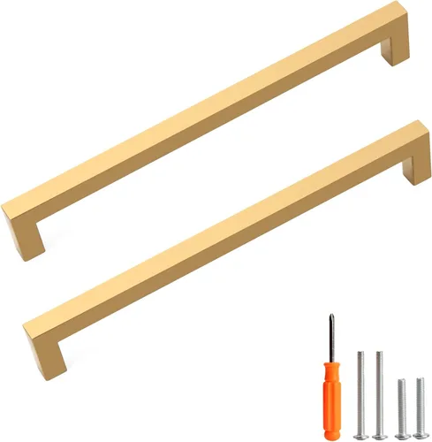 Vista 13 de Tiradores para gabinete dorados, manijas cuadradas para cajones, paquete de 2, manijas de acero inoxidable para cocina de 13-4/5 pulgadas, herrajes