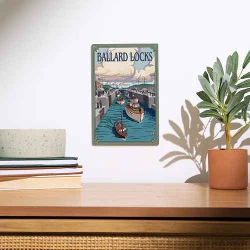 Vista 2 de Lantern Press 6x9 Inch Wood Sign, Ready to Hang Wall Decor, Seattle, Washington, Ballard Locks