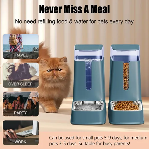 Vista 6 de Juego de alimentador automático para gatos y dispensador de agua para gatos con cuencos de acero inoxidable, comedero por gravedad para perros