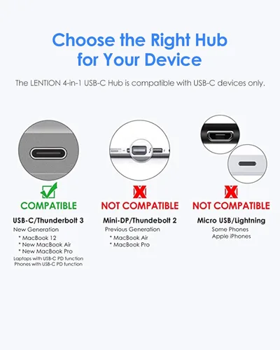 Vista 4 de LENTION Concentrador USB-C 4 en 1 con tipo C, USB 3.0, USB 2.0 para MacBook Pro (M1-M5) 2025-2016, iPhone 17-15, nuevo Mac Air/Surface, ChromeBook