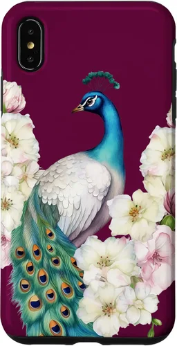 Vista 11 de iPhone 16 Peacock Bird with Long Feathers Watercolor Flowers Case