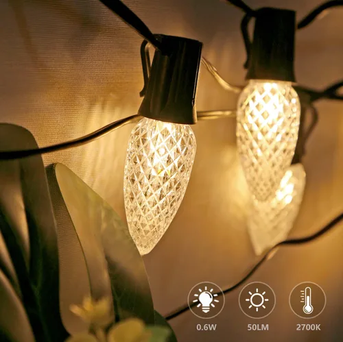 Vista 6 de Paquete de 50 luces LED C9 de Navidad, inastillables, impermeables, cálidas, 2700 K, plástico Cálido paquete de 50