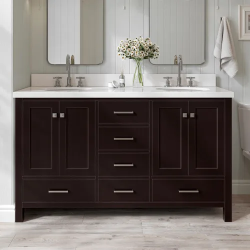 Vista 37 de ARIEL Cambridge tocador de baño con fregadero, madera maciza, encimera y protector contra salpicaduras de cuarzo blanco puro de 1.5 pulgadas