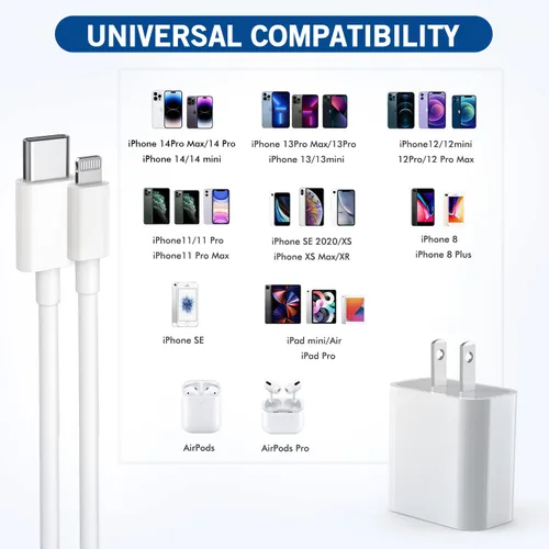 Vista 7 de Cargador rápido para iPhone, [certificado MFi] Paquete de 2 cables USB C a Lightning de 10 pies + cargador USB C de 20 W PD USB C adaptador de carga