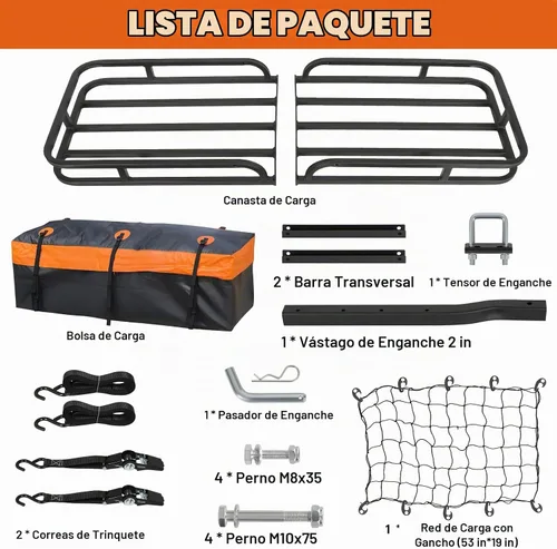 Vista 5 de WEIZE Cesta de Carga con Enganche para SUV, Camión - 53x19 Pulgadas, Capacidad de 500LB, con Bolsa Impermeable, Correa de Red, Tensor, Recubierto