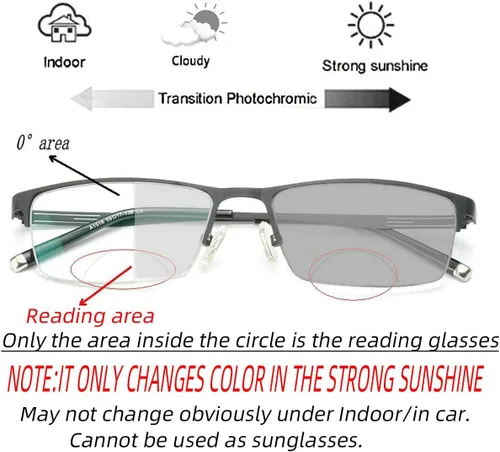 Vista 3 de laureles Gafas de lectura bifocales para hombre, lentes fotocromáticas para negocios, lentes fotocromáticas, metales, medio marco, moda, transición