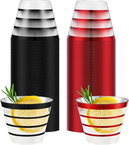 Vista 10 de Gejoy 50 vasos de plástico a rayas negras de 9 onzas, desechables a granel, vasos de plástico duro para beber, vasos para bodas, reuniones, Negro