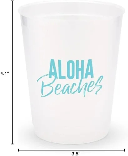 Vista 3 de WEDDINGSTAR Vasos personalizados de plástico esmerilado para fiestas, Aloha Beaches - Juego de 8