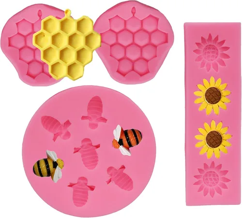Vista 8 de Molde de silicona con temática de abeja, diseño de panal, girasol y abeja, kit de moldes para cupcakes, colmena, chocolate, fondant, dulces, Gris