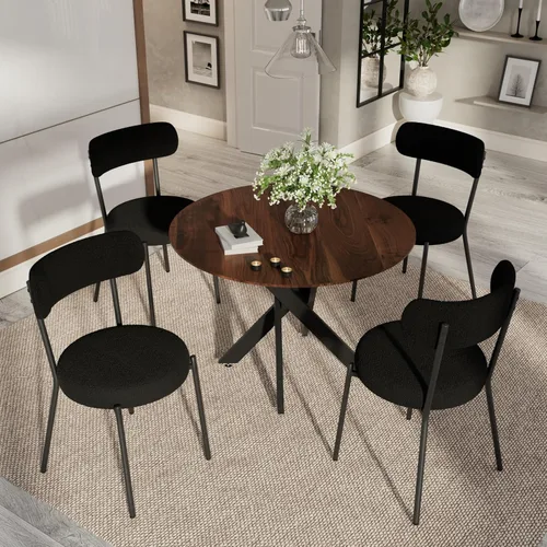 Vista 33 de Moderno juego de mesa de comedor redonda de 3 piezas, mesa de MDF circular negra y 2 sillas de comedor negras Boucle, muebles de cocina con marco