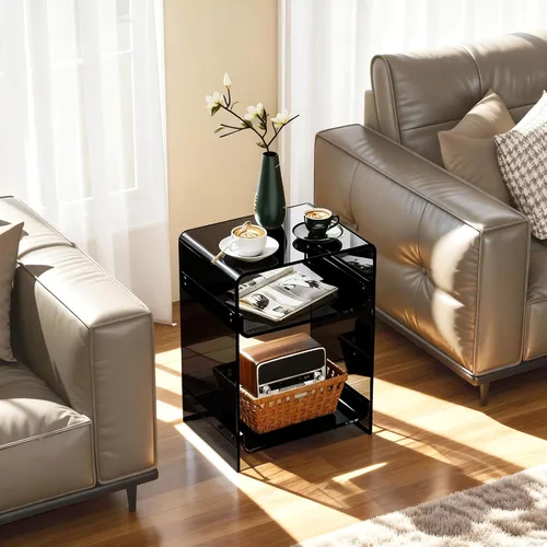 Vista 7 de Mesa de tocadiscos de acrílico con estante de almacenamiento, mesa auxiliar transparente mesita de noche (negro, mediano)