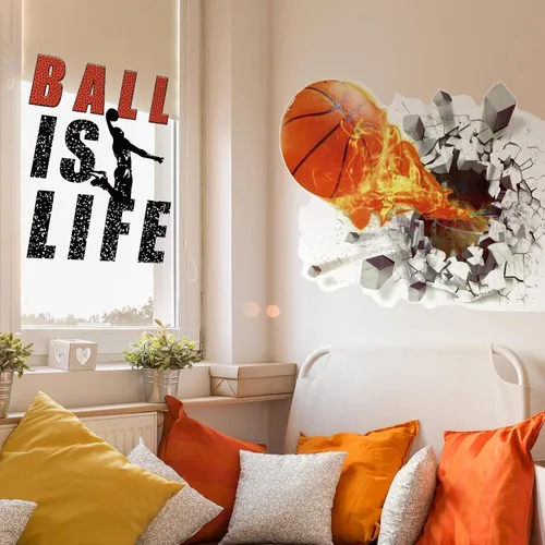 Vista 4 de Gersoniel Decoración de pared de baloncesto de 18 x 38 pulgadas, autoadhesiva, removible, 3D, calcomanías de pared de baloncesto para niños