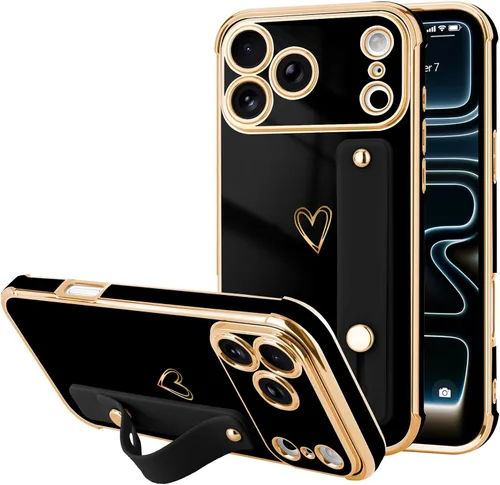 Vista 27 de LLZ.COQUE Funda compatible con iPhone 12 para mujeres y niñas, parachoques chapado de lujo con bonito diseño de corazón de amor, soporte de correa
