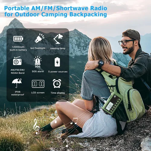 Vista 7 de Eoxsmile NOAA - Radio meteorológica de 12000 mAh, radio de emergencia con manivela manual, solar, funciona con pilas, radio portátil de onda corta