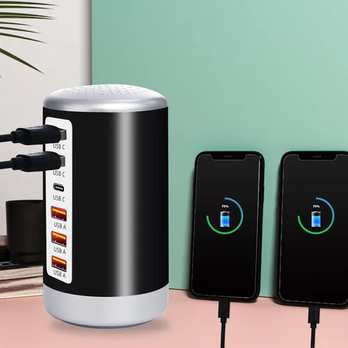 Vista 3 de Estación de carga USB de 60 W, 6 puertos (3 USB-A y 3 USB-C) compatible con iPhone 15/14/13/12/11, tabletas, teléfonos inteligentes, color negro