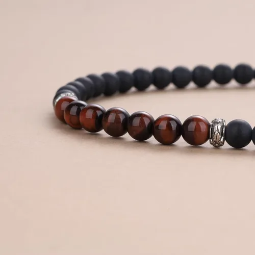 Vista 5 de COAI Collar tibetano con 108 cuentas de mala, ojo de tigre rojo, piedra de ónix mate, Piedra, Ónix