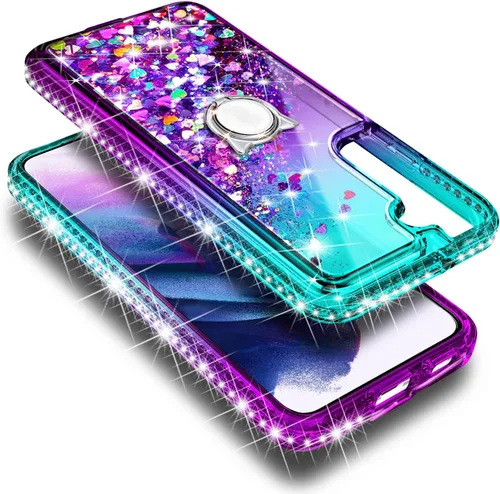Vista 5 de NZND Funda diseñada para Samsung Galaxy S21 FE 5G con protector de pantalla de vidrio templado, soporte para anillo/correa de muñeca, líquido que