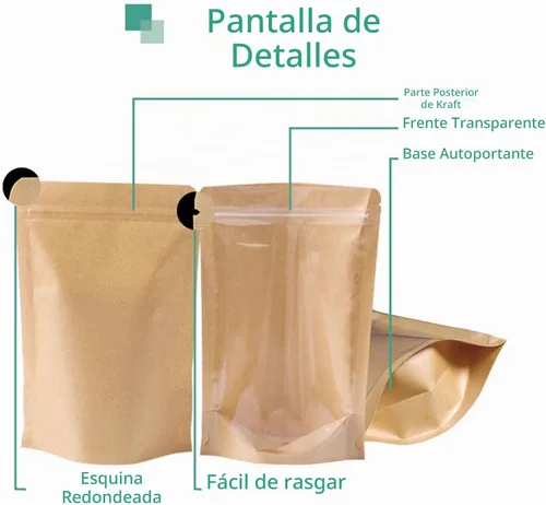 Vista 3 de 50 bolsas de papel kraft con ventana frontal transparente, bolsas resellables verticales con cierre hermético, bolsas de almacenamiento