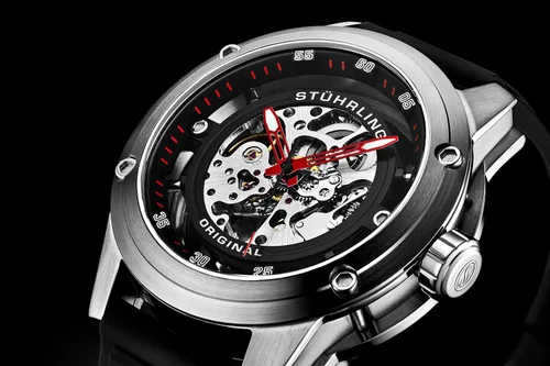 Vista 2 de Stuhrling Original Reloj automático para hombre, esqueleto de acero inoxidable, con correa de goma, 1.969 in