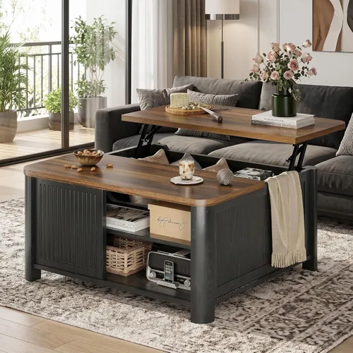 Vista 9 de Decofy Mesa auxiliar elevable con almacenamiento de mediados de siglo, modernas mesas de centro cuadradas para sala de estar, gran compartimento