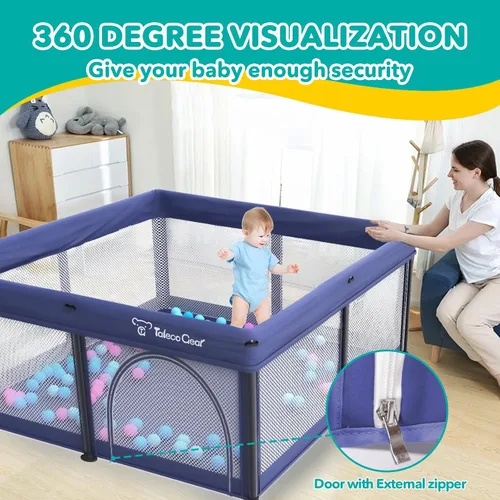 Vista 4 de Corralito plegable para bebés y niños pequeños, patio de juegos portátil de 50 x 50 pulgadas, corralito de juego plegable con paspartú, malla