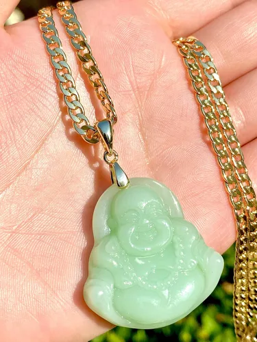Vista 2 de Collar con colgante de Buda sonriente y sonriente, de jade verde lima y cadena cubana de oro genuina certificada de jade de grado A hecha a mano