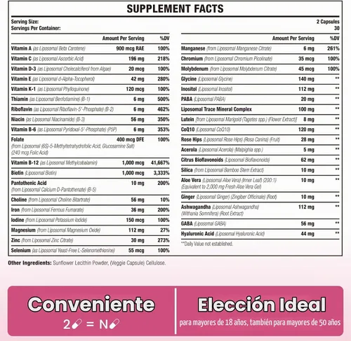 Vista 3 de Sambugra Multivitamínico liposomal para mujeres de 1400 mg – Suplementos diarios de vitaminas para mujer con hierro, vitamina A, C, D, E y B