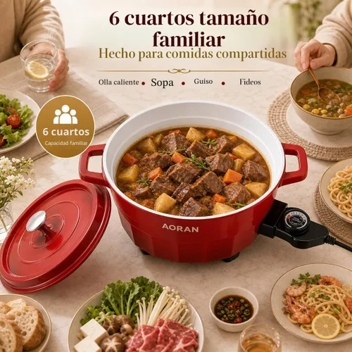 Vista 3 de AORAN - Olla eléctrica multifunción de 6 cuartos de galón, olla caliente familiar de 1400 W para freír, hervir, cocinar lentamente y guisar, olla