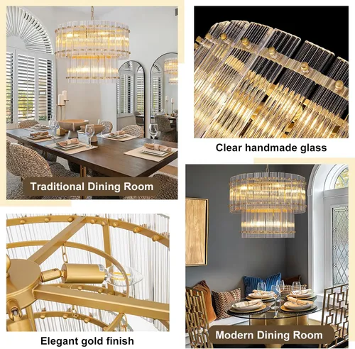 Vista 6 de TOCHIC Candelabro de cristal dorado de 6 luces, lámpara moderna de granja de 2 niveles para comedor, lámpara colgante para sala de estar