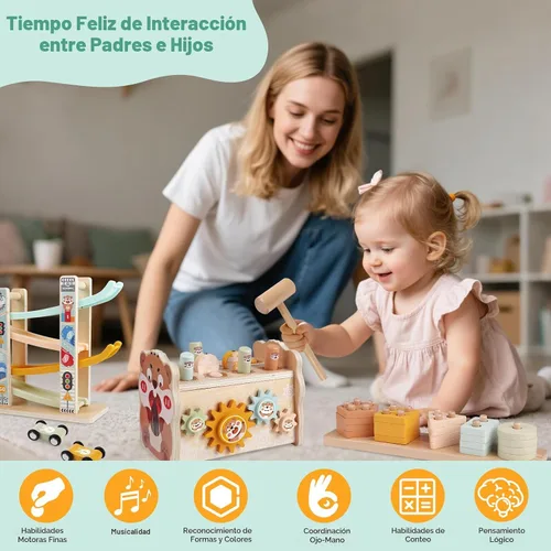 Vista 6 de Juguetes de madera Montessori para niños pequeños de 1 a 3 años, juguete de martillado y golpeo para bebés con xilófono y juego de pesca, pista