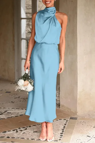 Vista 2 de PRETTYGARDEN Vestidos largos elegantes sin mangas con cuello alto falso para mujer