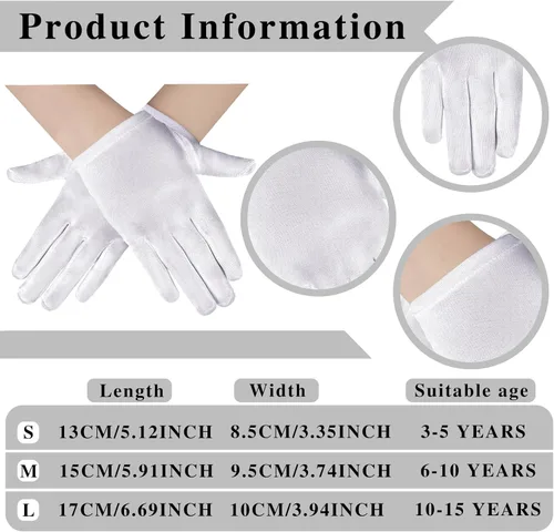 Vista 2 de Hicarer 6 pares de guantes de satén blanco para niños, guantes de disfraz de Halloween, guantes de satén elásticos para niños, guantes formales