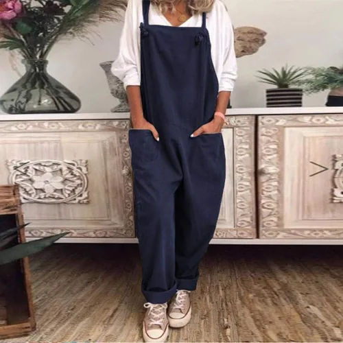 Vista 3 de Overol casual de verano para mujer, con línea de algodón, estampado bohemio, correa ajustable, holgado, con vuelo, para vacaciones, playa