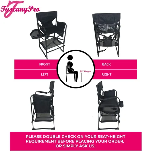 Vista 3 de Silla de directores alta profesional portátil con bandeja lateral, nombre personalizado/logotipo impreso, altura del asiento de 29 pulgadas