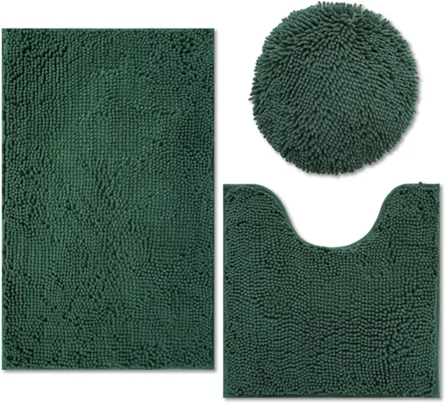 Vista 20 de Juego de 3 alfombras de baño de felpilla ultrasuave, antideslizante y súper absorbente, parte inferior de PVC fuerte, lavable a máquina, para Negro