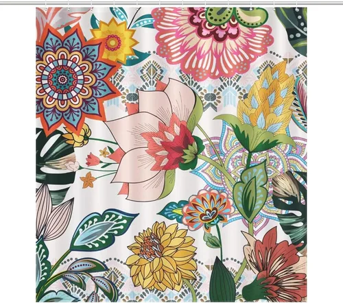 Vista 23 de Cortina de ducha con 12 ganchos para baño, 72 x 72 pulgadas, diseño floral bohemio con hojas tropicales retro y florales (bohemio floral-1)