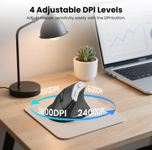 Vista 5 de Ratón óptico ergonómico vertical inalámbrico 2.4G Bluetooth Ratón vertical inalámbrico 4 ajustable 1000/1600/2400/3200 DPI Ratón inalámbrico Negro