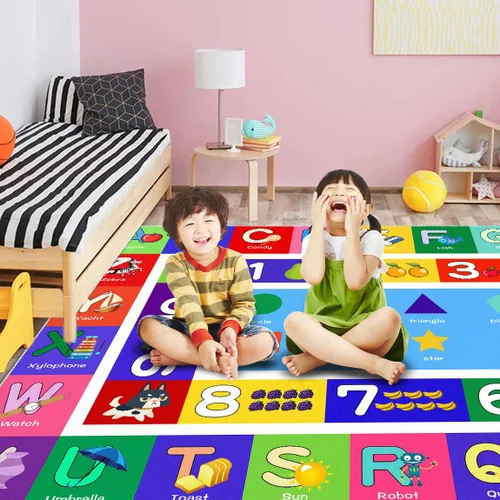 Vista 2 de ABC - Alfombra de juego para niños, con forma del alfabeto, con números del alfabeto, alfombra de área educativa de aprendizaje de frutas, grande