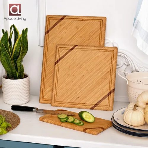 Vista 7 de Chorus Juego de tablas de cortar de bambú con ranura para jugo (juego de 3), tabla de cortar de madera orgánica de lujo para cocina, tabla de cortar