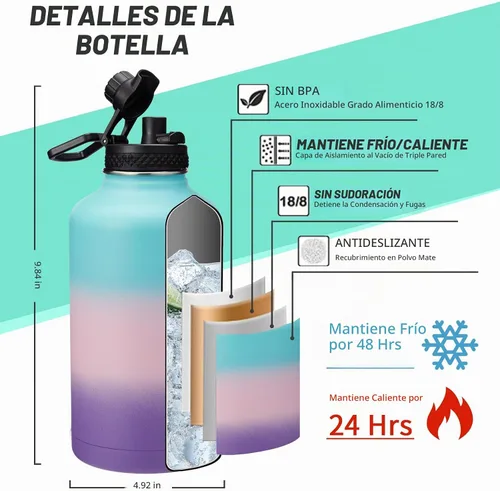 Vista 3 de Botella de agua aislada de 64 oz con asa de paracord - Jarra de agua de medio galón con popote y tapas con pico, funda para botella y funda