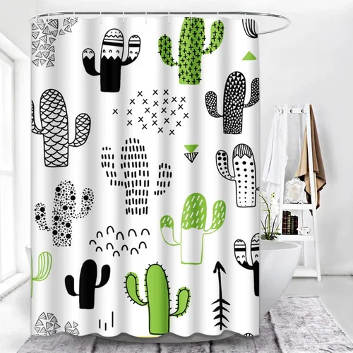 Vista 5 de Cortina de ducha negra del desierto lindo dibujado a mano con cactus hipster geométrico impermeable tela de poliéster 72 x 72 pulgadas, juego