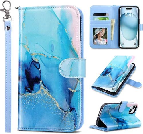 Vista 50 de ULAK Funda tipo billetera compatible con iPhone 15 para mujeres, funda tipo cartera con estampado floral de piel PU premium con porta tarjetas